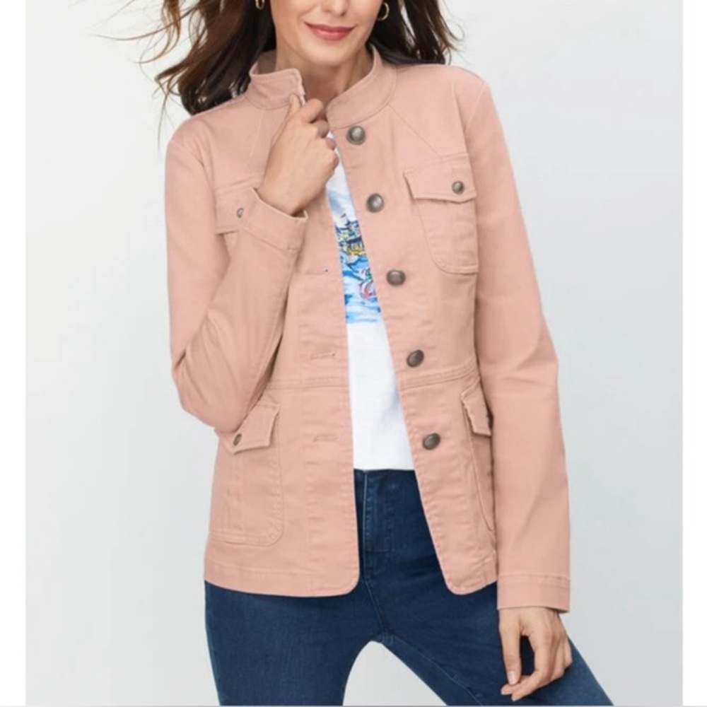 Talbots Band Collar Pink Stretch Jacket Size XL Feminine Utility Classic Preppy